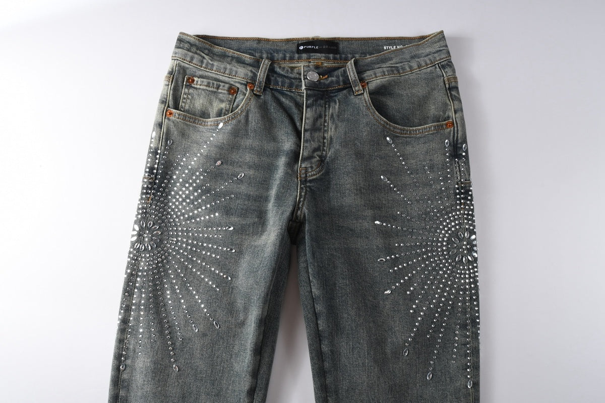 Men's Washed Blue Skinny Jeans with Ripped Holes, Rhinestones & Button Fly