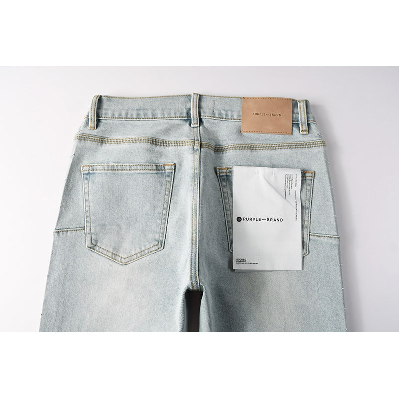 Men's Light Wash Sunburst Rhinestone Skinny Jeans | Streetwear Distressed Slim Fit Denim Pants