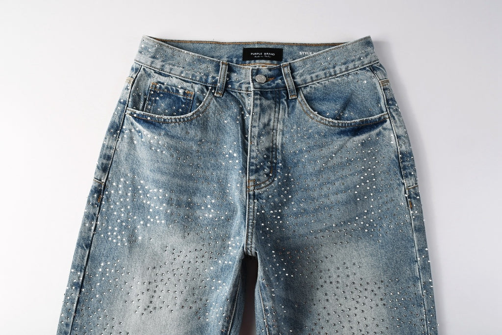 Distressed Blue Baggy Rhinestones Loose Ripped Jeans | Trendy Street Style Denim