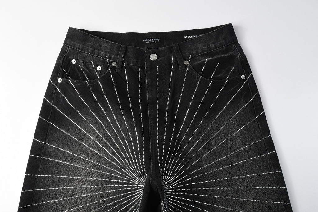 High-Quality Men's Distressed Black Denim Shorts with Rhinestones, Ripped Holes & Loose Fit