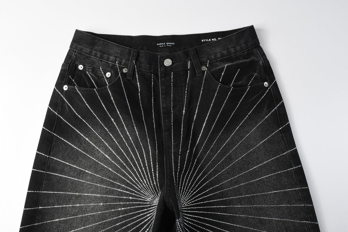 High-Quality Men's Distressed Black Denim Shorts with Rhinestones, Ripped Holes & Loose Fit