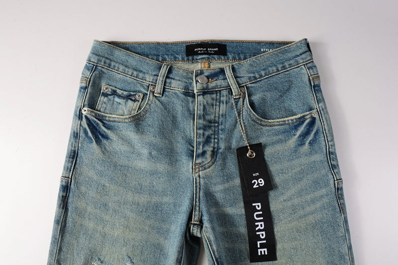Slim Fit American Men's Distressed Blue Skinny Jeans with Ripped Holes & Button Fly