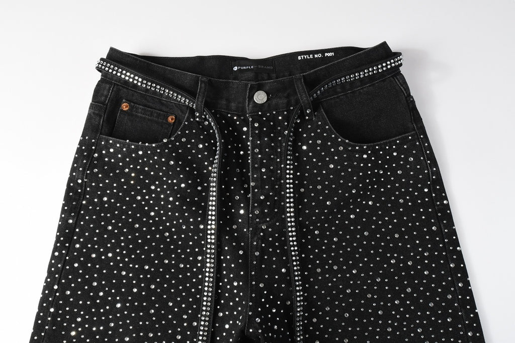 Men's Distressed Black Denim Shorts with Rhinestones, Ripped Detailing & Loose Fit