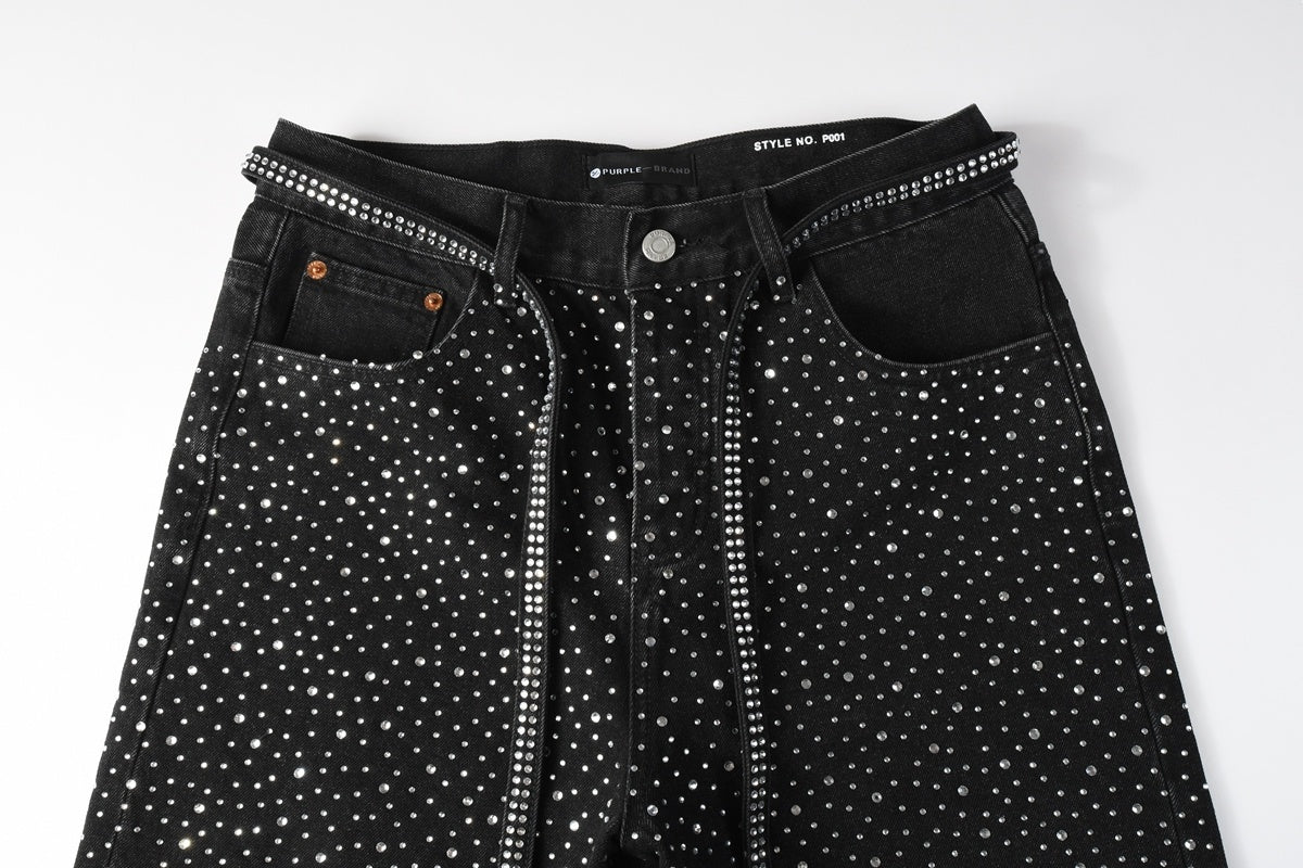 Men's Distressed Black Denim Shorts with Rhinestones, Ripped Detailing & Loose Fit