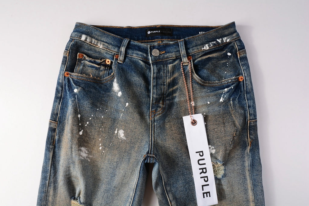 Men's Blue High Street Distressed Dirty Damaged Holes Stretch Slim Fit Ripped Jeans