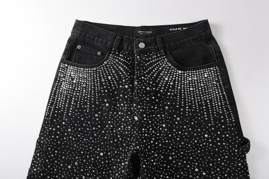 Men's Distressed Black Denim Shorts with Rhinestones, Ripped Holes & Loose Fit