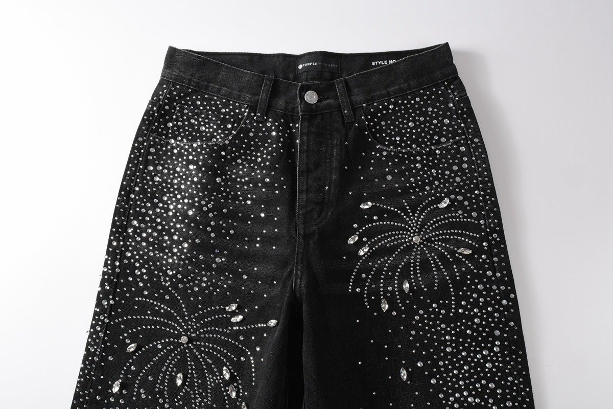 Men's Distressed Black Baggy Jeans with Rhinestones & Street Style