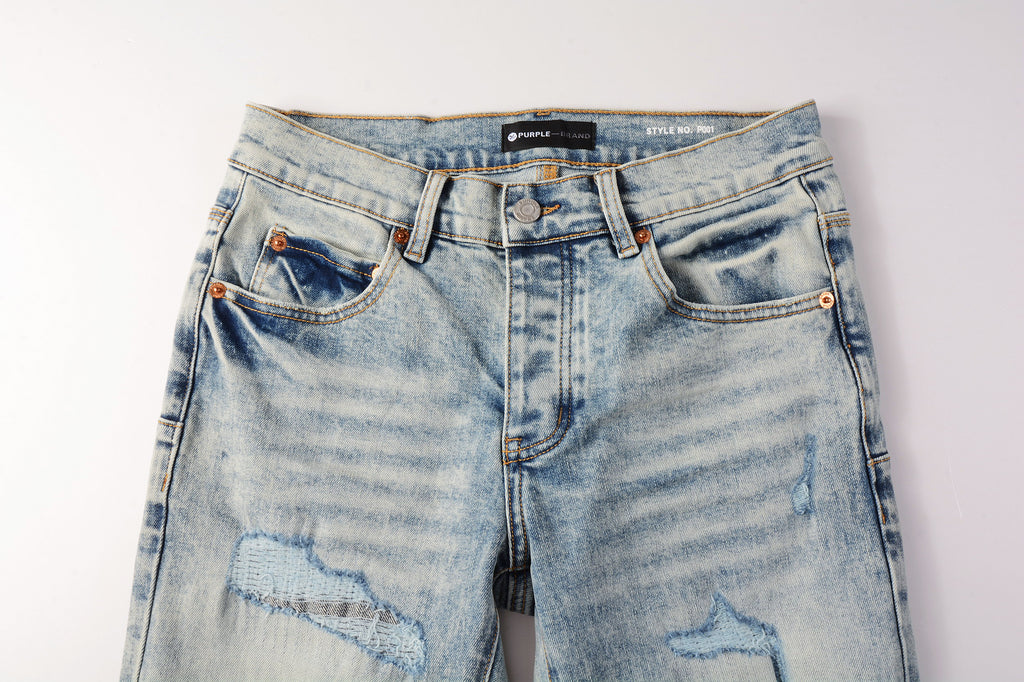 Men's Distressed Light Indigo Skinny Jeans with Ripped Holes & Button Fly