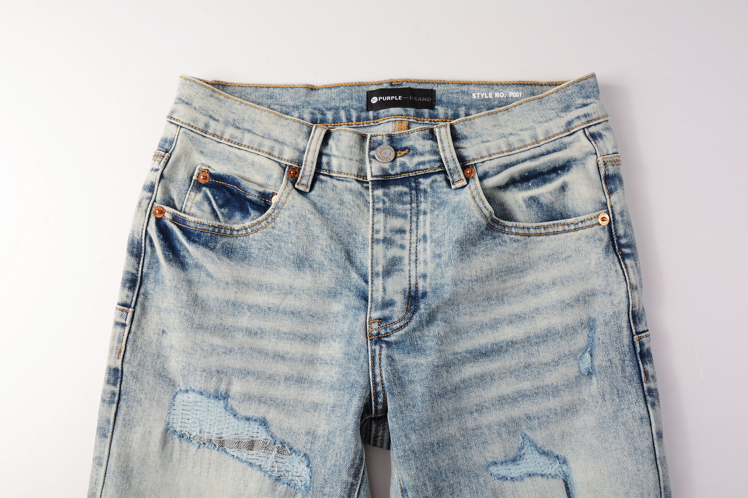 Men's Distressed Light Indigo Skinny Jeans with Ripped Holes & Button Fly