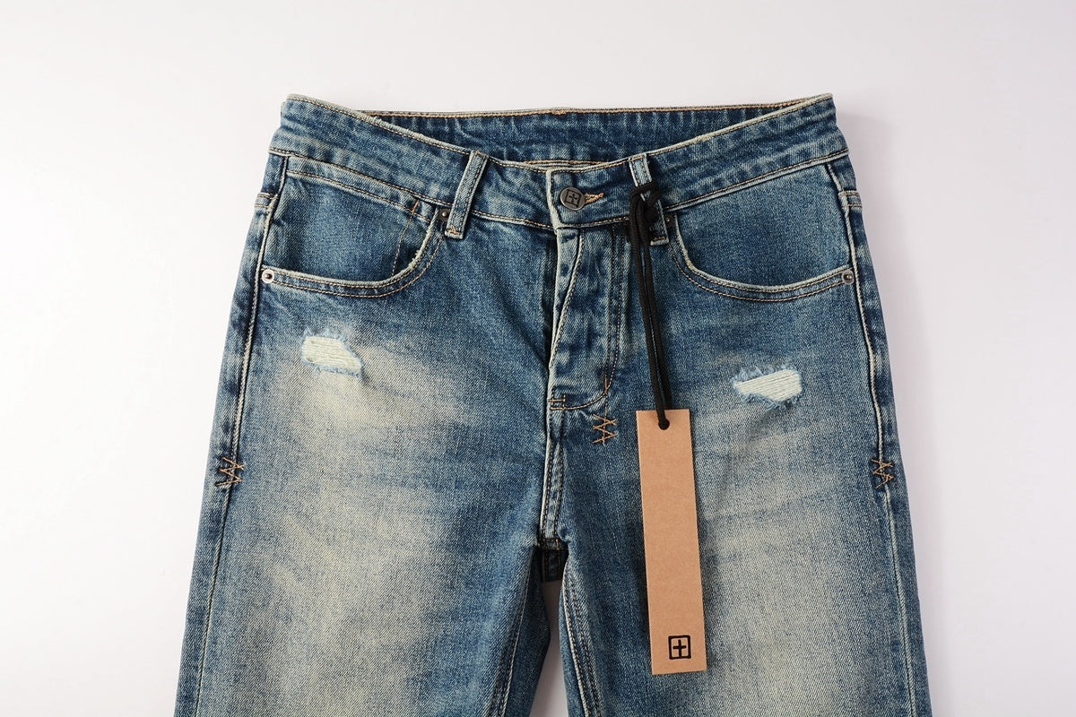 Men's Vintage Blue Multi-Rip Distressed Skinny Jeans - Stretch Denim