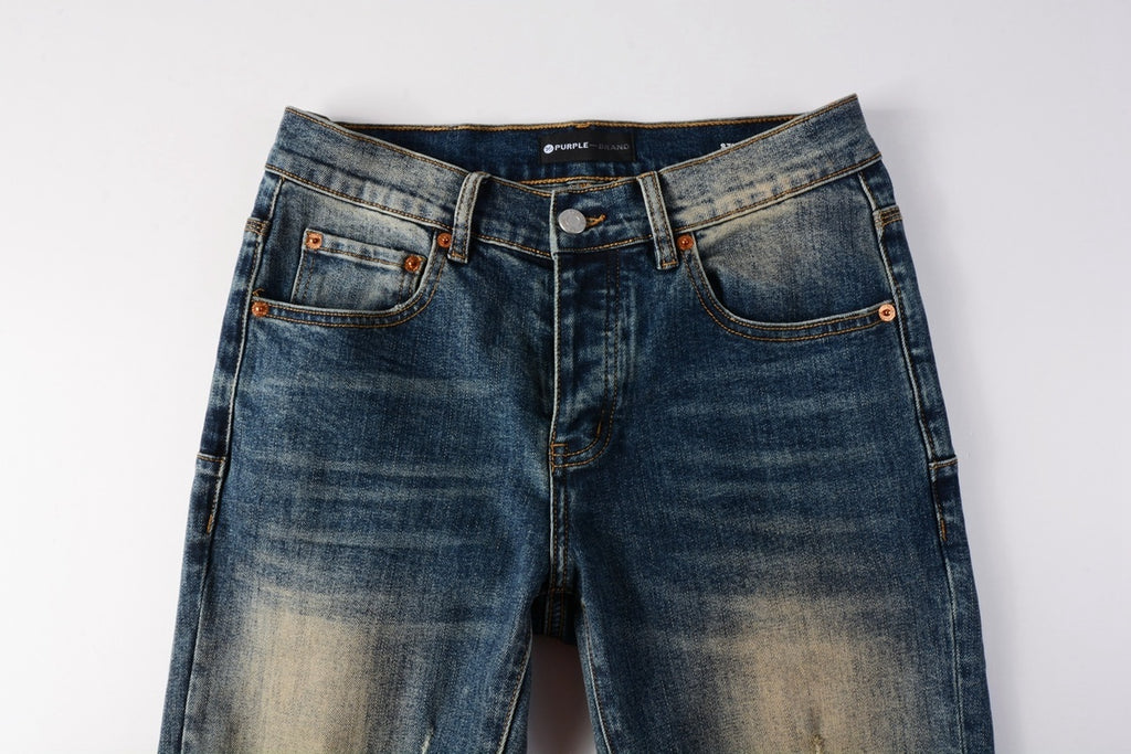 Men's Distressed Dark Blue Skinny Jeans with Button Fly & Ripped Detailing
