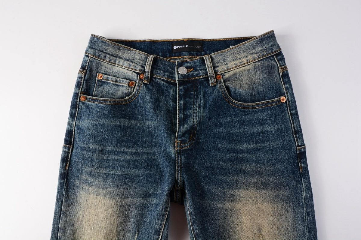 Men's Distressed Dark Blue Skinny Jeans with Button Fly & Ripped Detailing