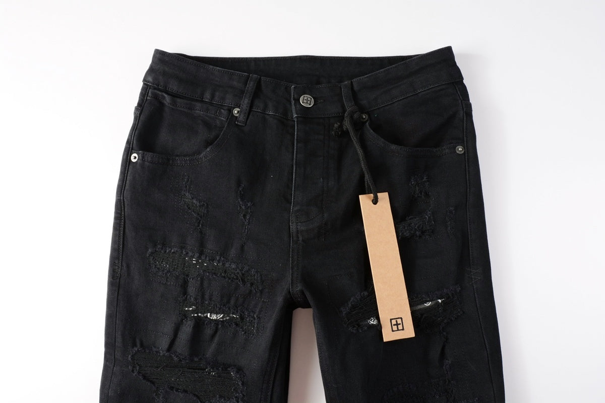 Men's Black Heavy Distressed Bandana Patch Skinny Jeans - Stretch Denim