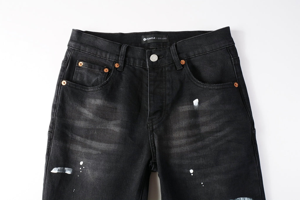 Men's Distressed Black Skinny Jeans with Graffiti Print, Ripped Holes & Button Fly