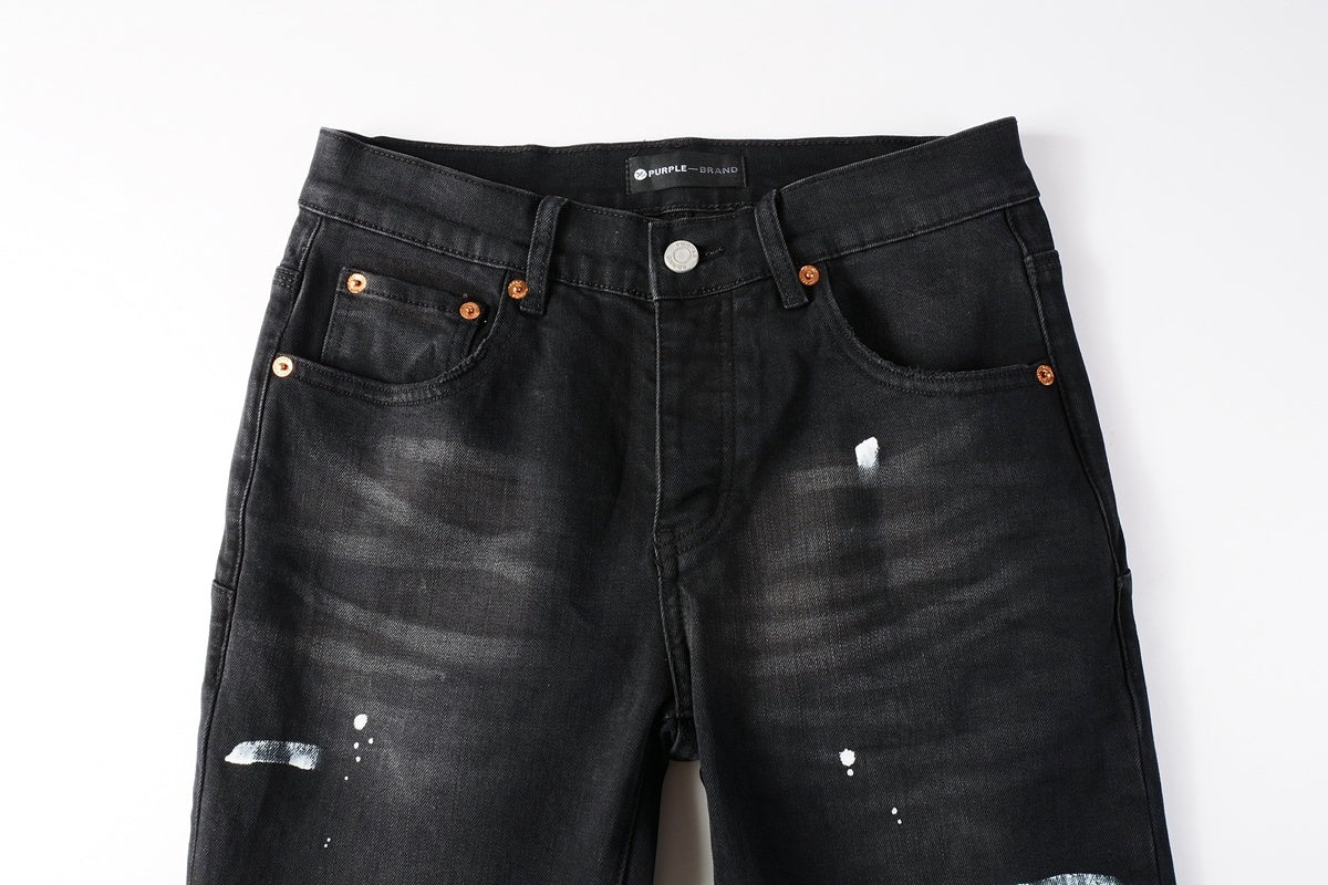 Men's Distressed Black Skinny Jeans with Graffiti Print, Ripped Holes & Button Fly