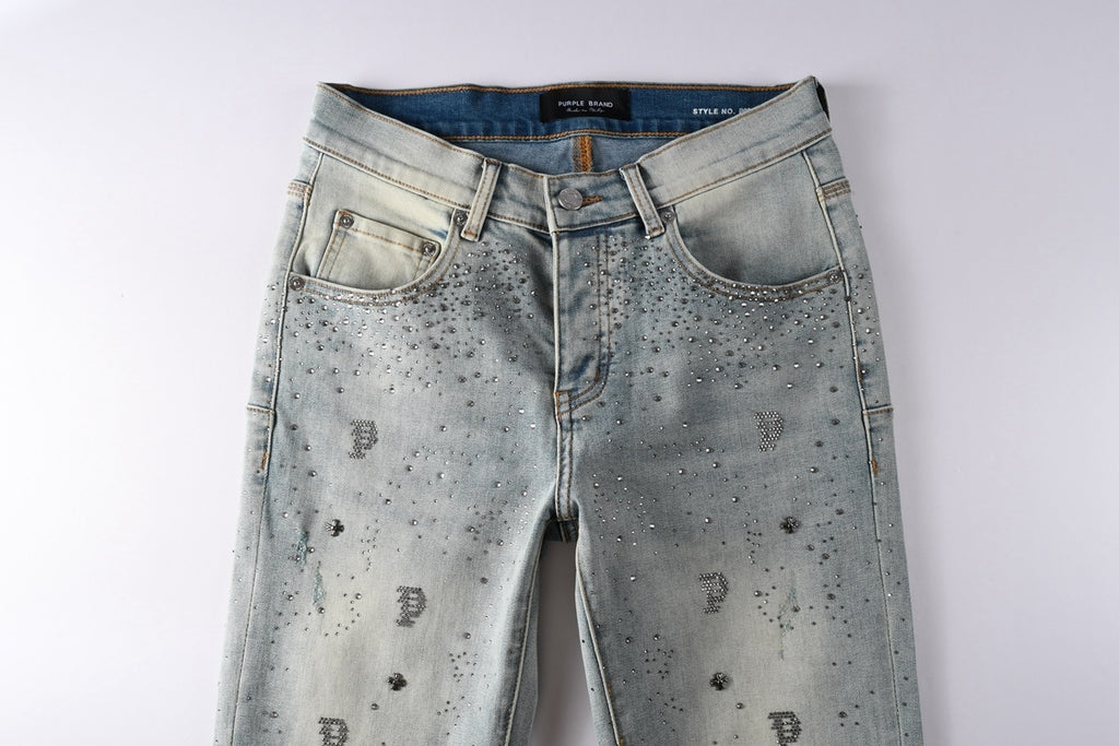Purple Brand Men's Distressed Skinny Jeans with Cross Rhinestones, Ripped Holes & Button Fly