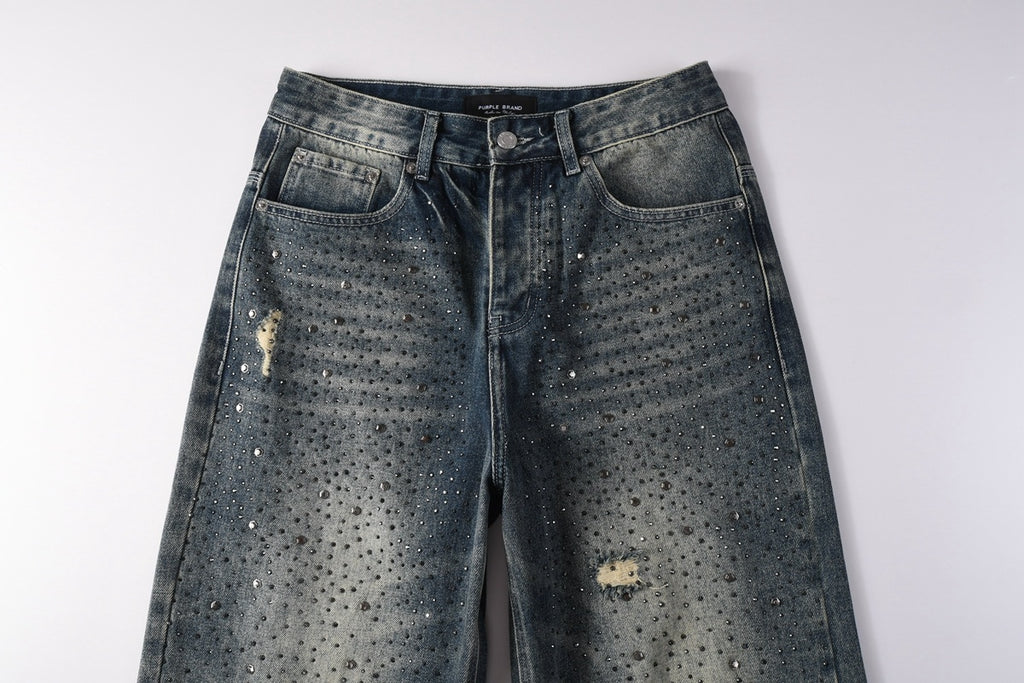 High Street Distressed Blue Rhinestones Baggy Jeans - Loose Ripped Jeans