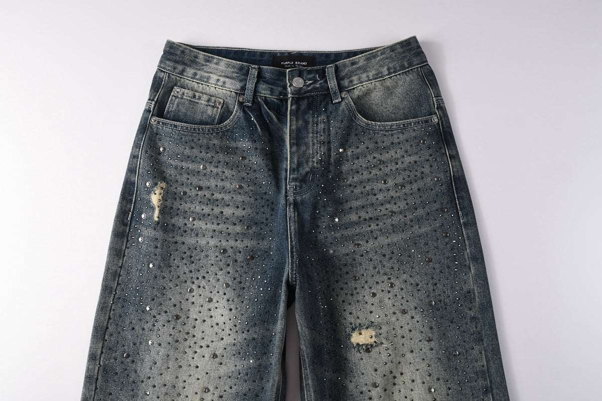 High Street Distressed Blue Rhinestones Baggy Jeans - Loose Ripped Jeans