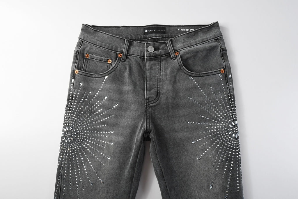 Men's Distressed Skinny Jeans with Ripped Holes, Rhinestones & Button Fly