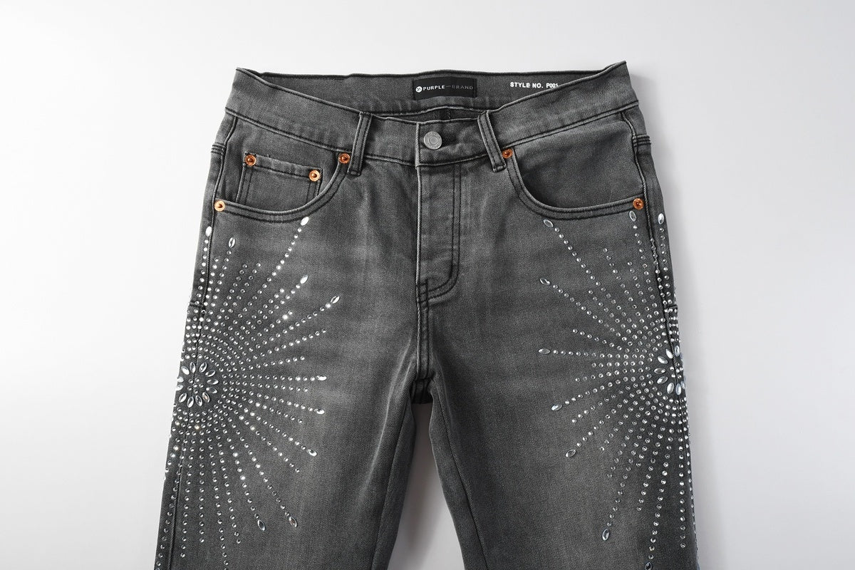 Men's Distressed Skinny Jeans with Ripped Holes, Rhinestones & Button Fly