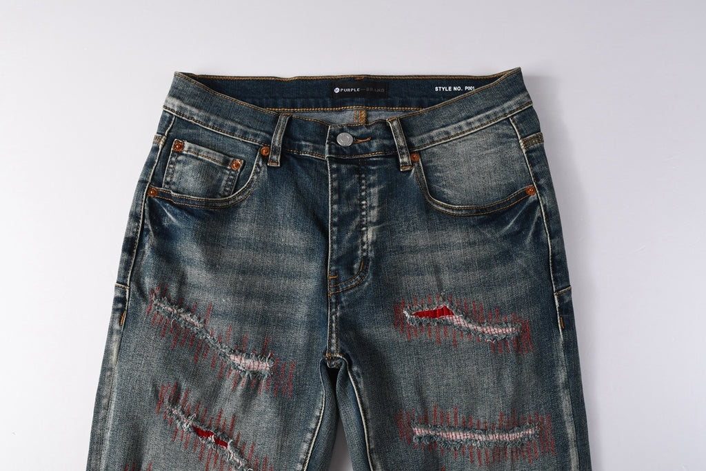 Men's Distressed Blue Skinny Jeans with Devil Suture Design & Ripped Holes & Button Fly