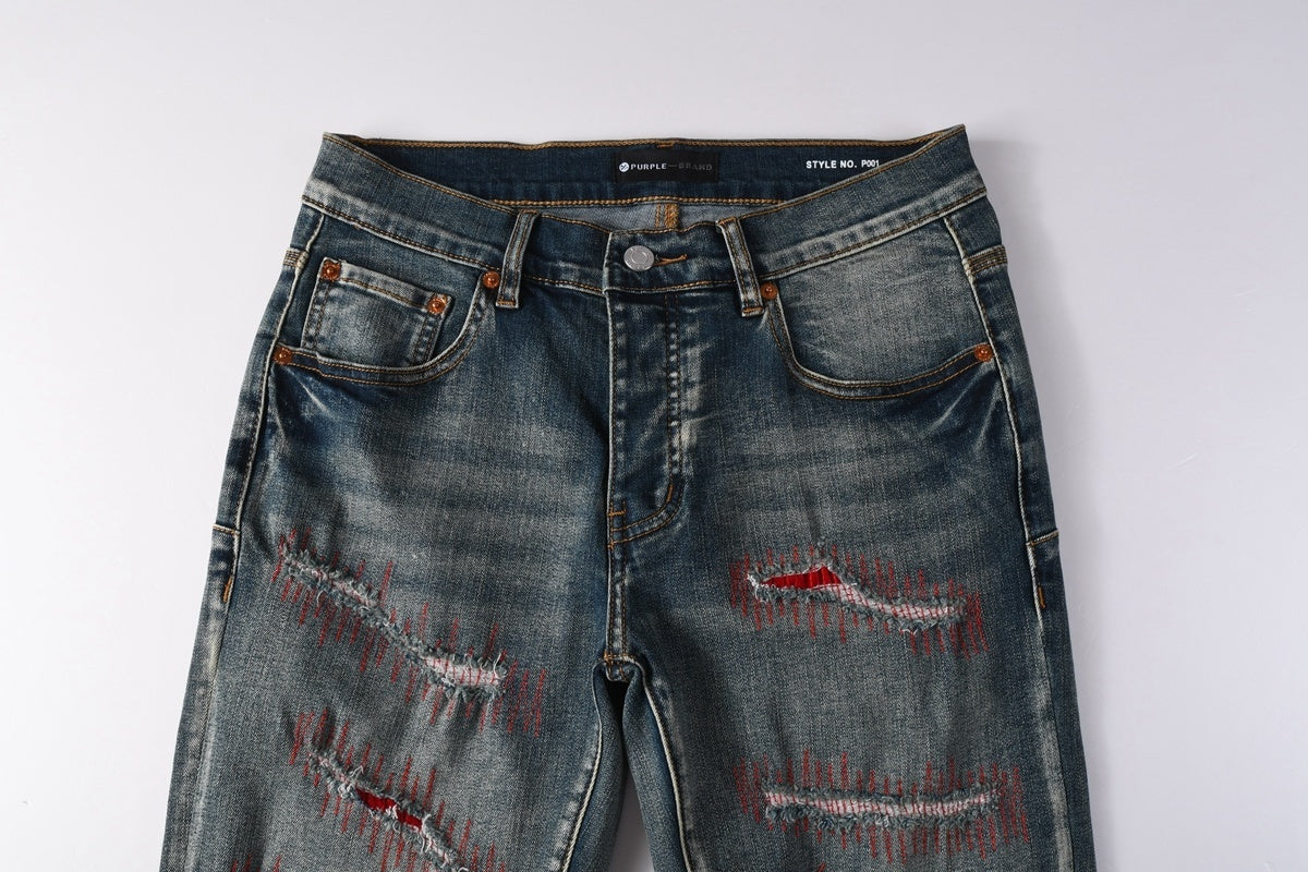 Men's Distressed Blue Skinny Jeans with Devil Suture Design & Ripped Holes & Button Fly