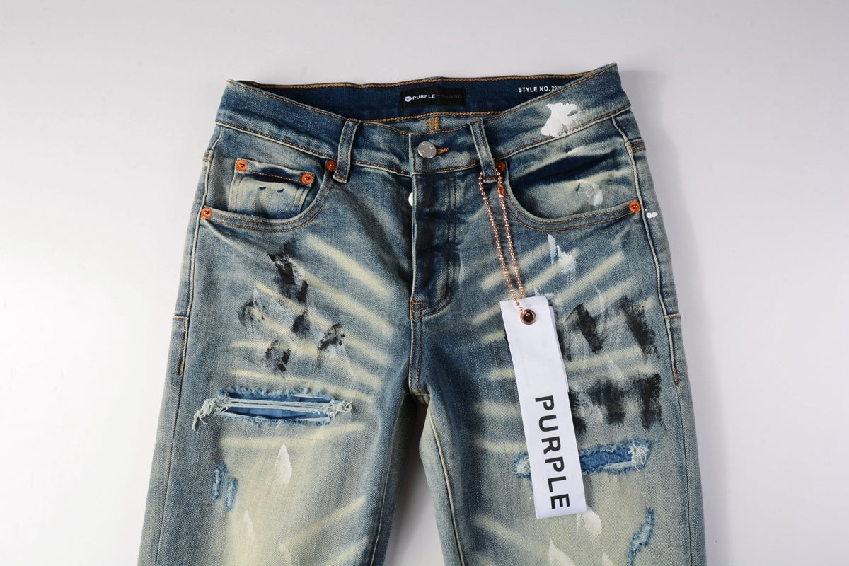 Men High Street Distressed Light Blue Destroyed Holes Graffiti Painted Stretch Slim Fit Ripped Jeans