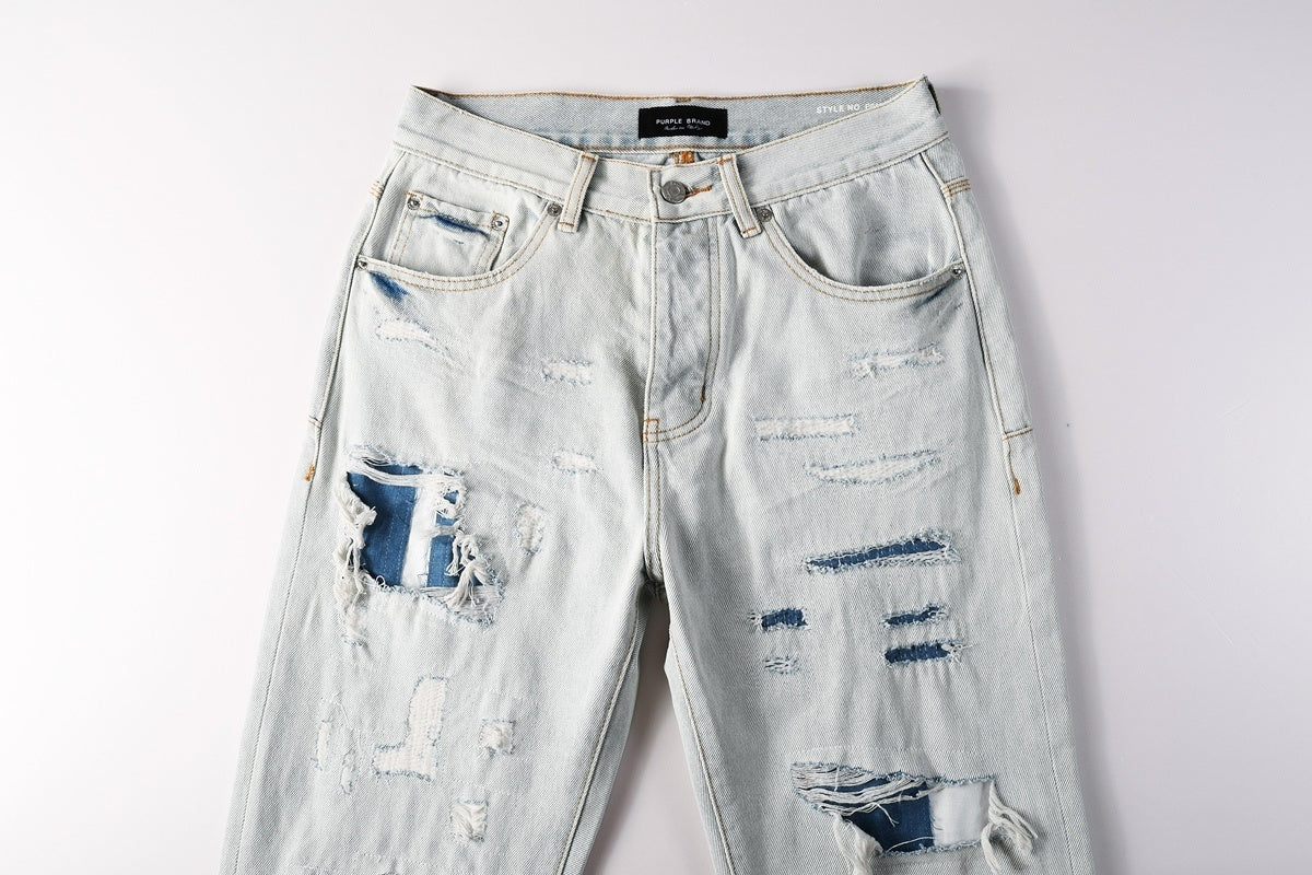 Men's Wide Leg Distressed Blue Jeans with Bandanna Patchwork, Ripped Holes & Button Fly
