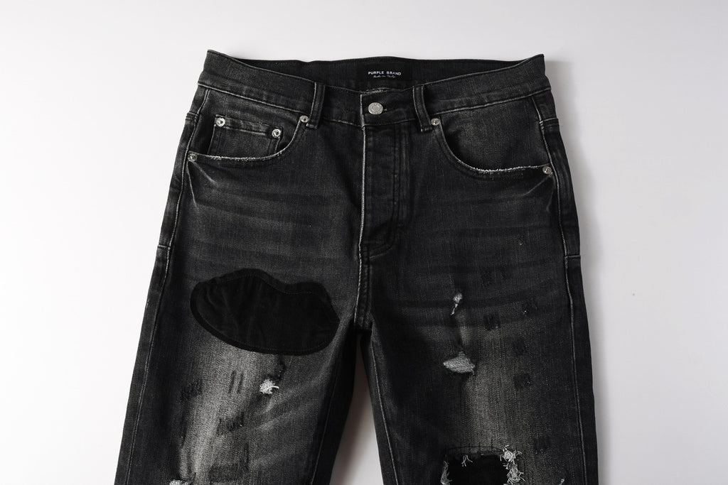 Men's Distressed Black Gray Skinny Jeans with Patchwork, Ripped Holes & Button Fly
