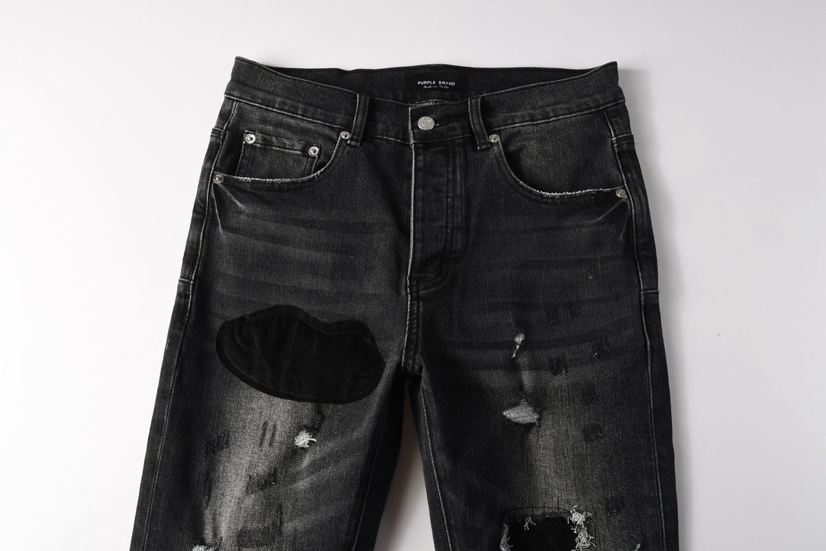 Men's Distressed Black Gray Skinny Jeans with Patchwork, Ripped Holes & Button Fly