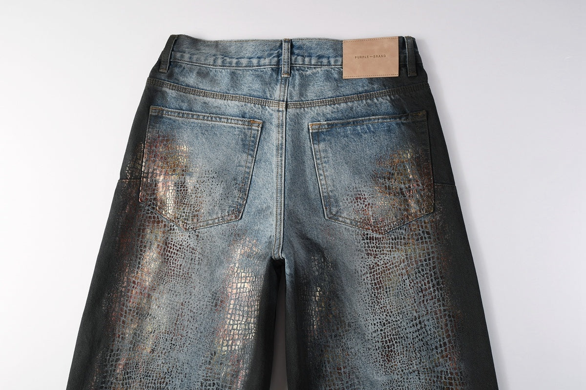 Men's Blue Coated Baggy Jeans with Wide Leg, Loose Fit & Stretch Denim