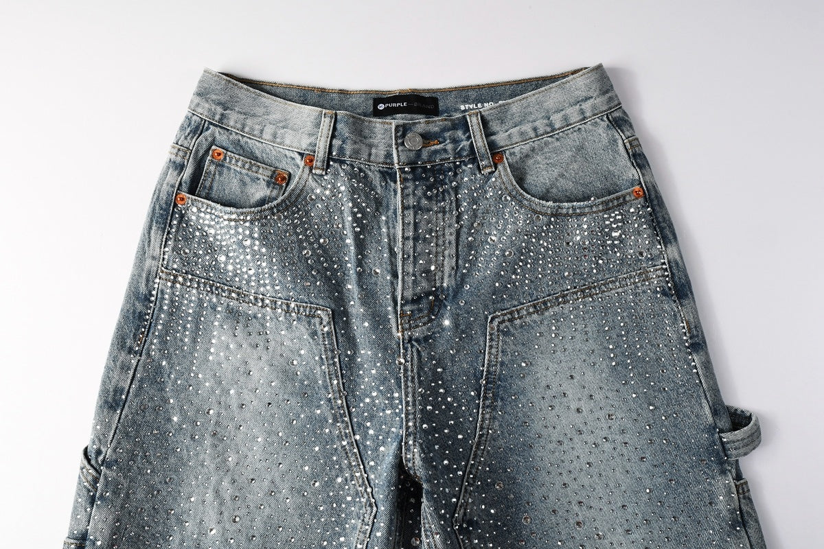 Men's Distressed Vintage Blue Denim Shorts with Rhinestones & Ripped Detailing