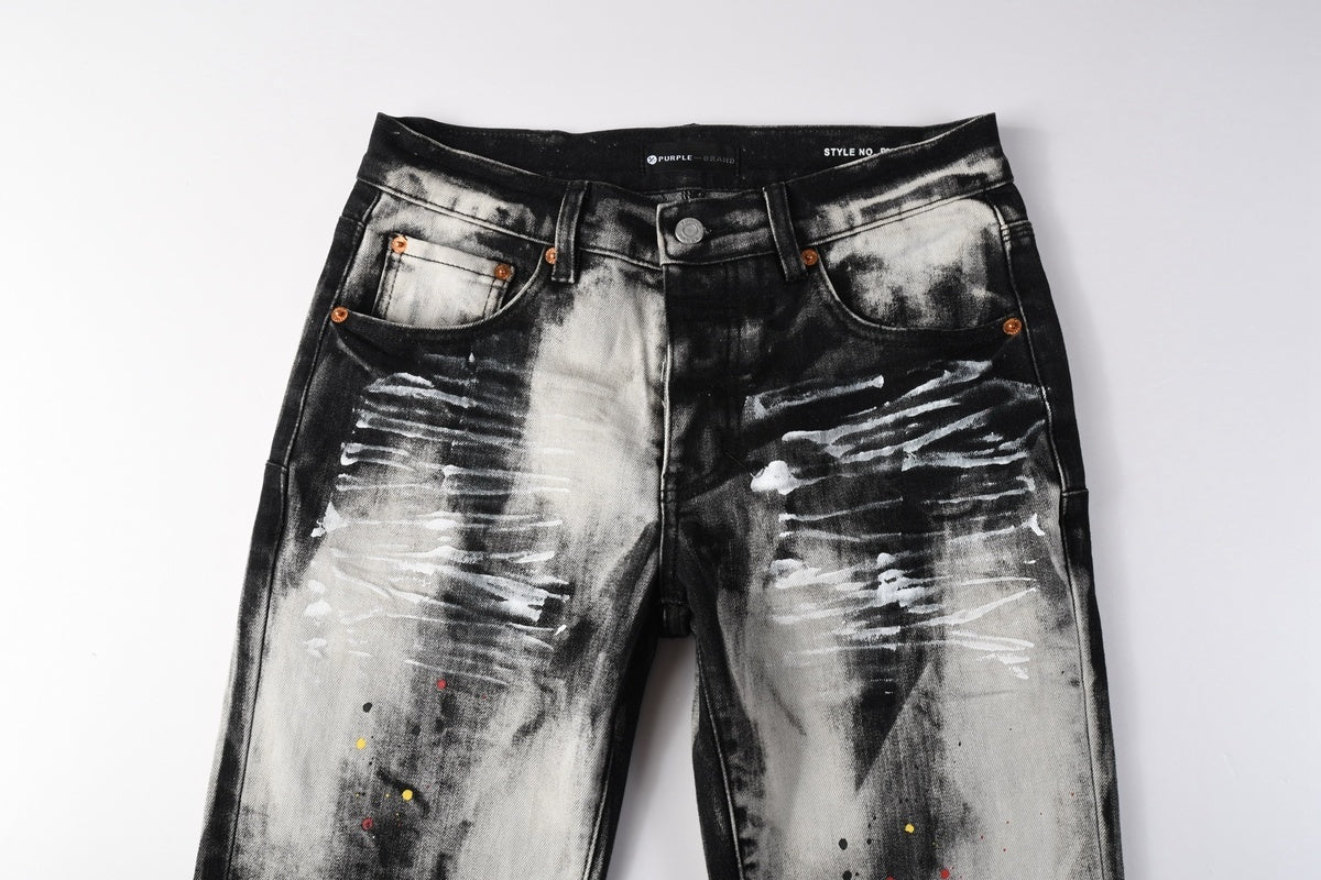 Men's Tie-Dye Graffiti Skinny Jeans with Ripped Holes & Button Fly