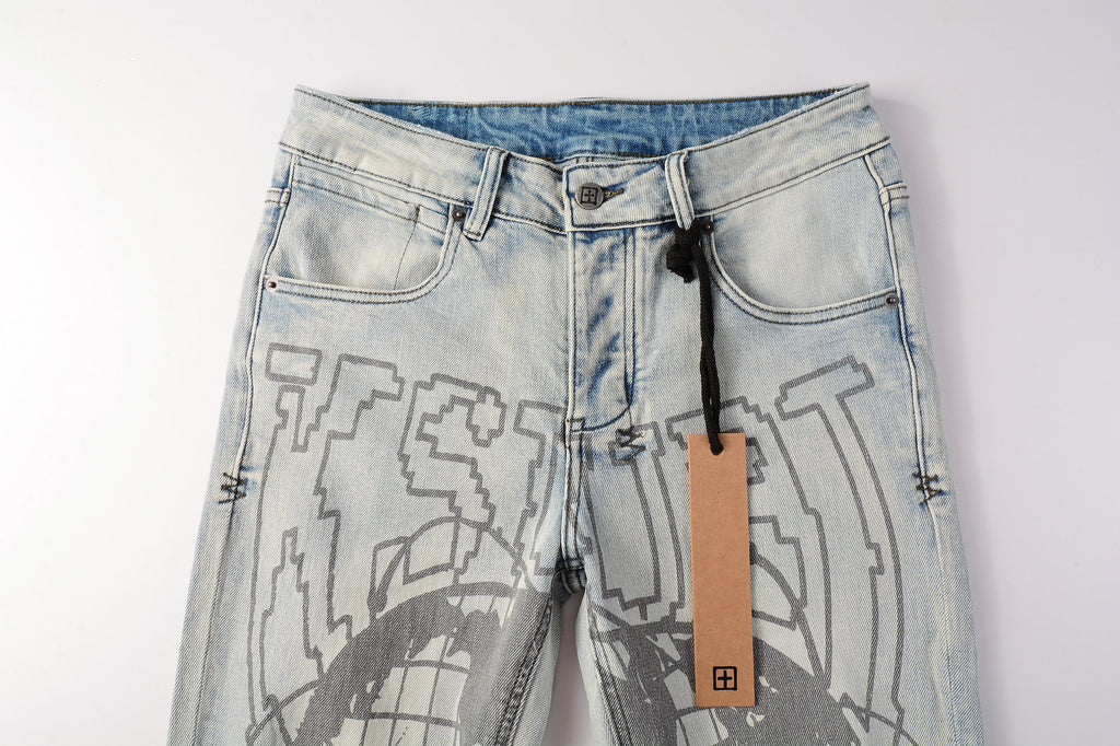 Men's Light Wash Graphic Print Distressed Skinny Jeans - Stretch Denim