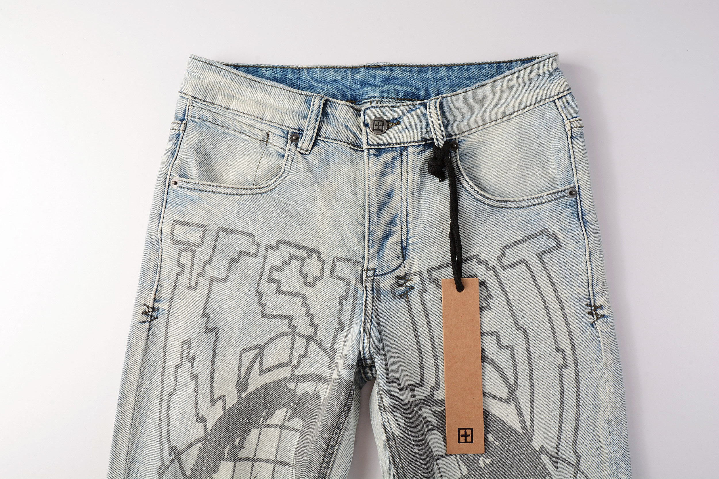 Men's Light Wash Graphic Print Distressed Skinny Jeans - Stretch Denim