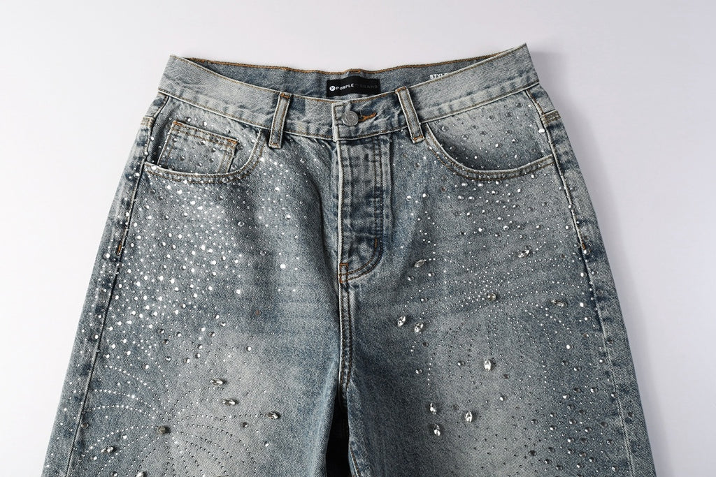 Men's Washed Distressed Blue Denim Shorts with Rhinestones, Ripped Details & Loose Fit