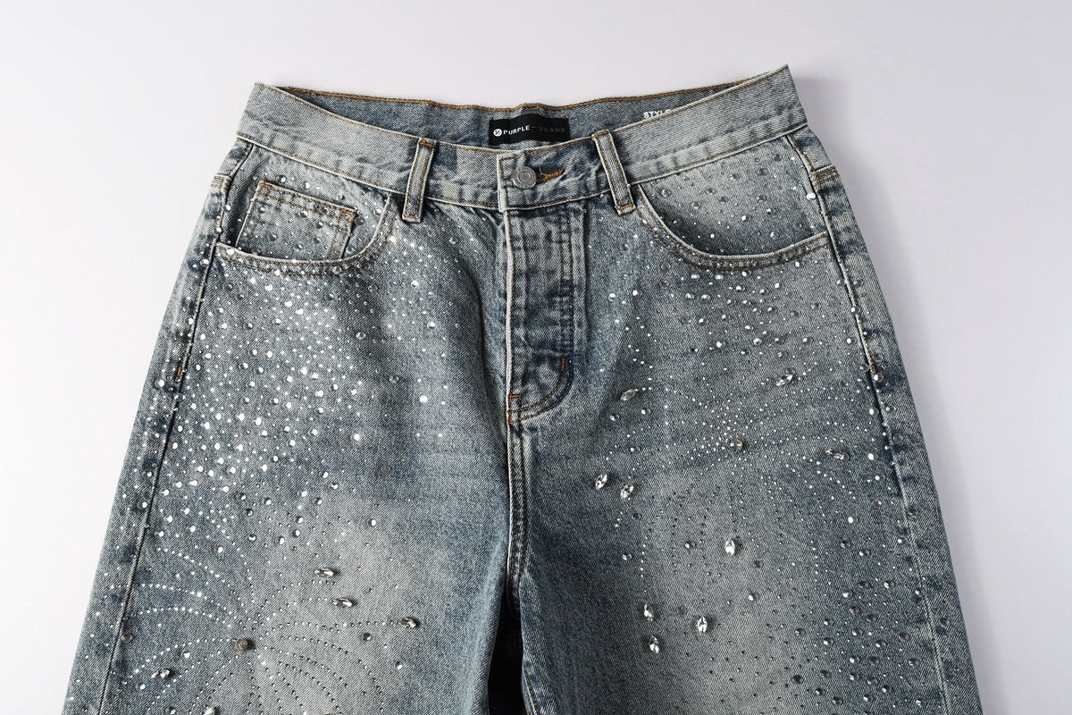 Men's Washed Distressed Blue Denim Shorts with Rhinestones, Ripped Details & Loose Fit