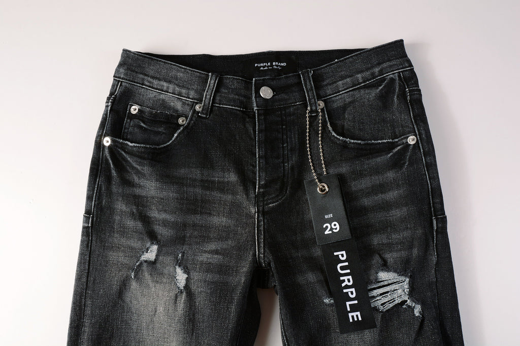Men's Distressed Black Gray Skinny Jeans with Ripped Holes & Button Fly