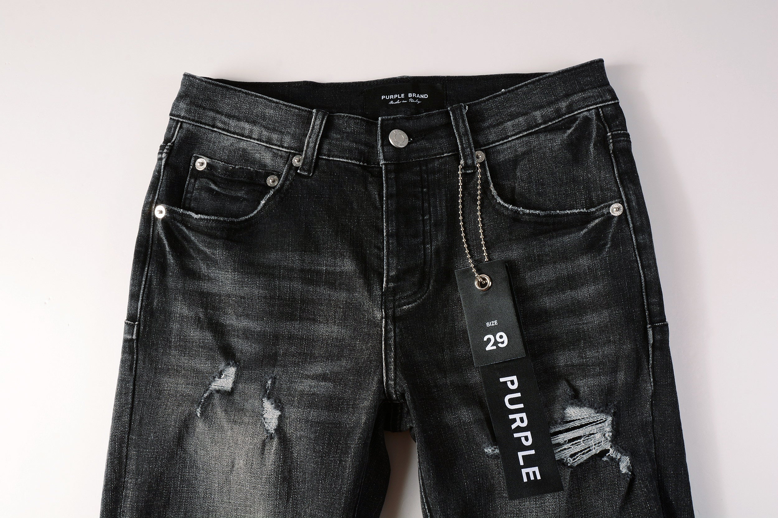 Men's Distressed Black Gray Skinny Jeans with Ripped Holes & Button Fly