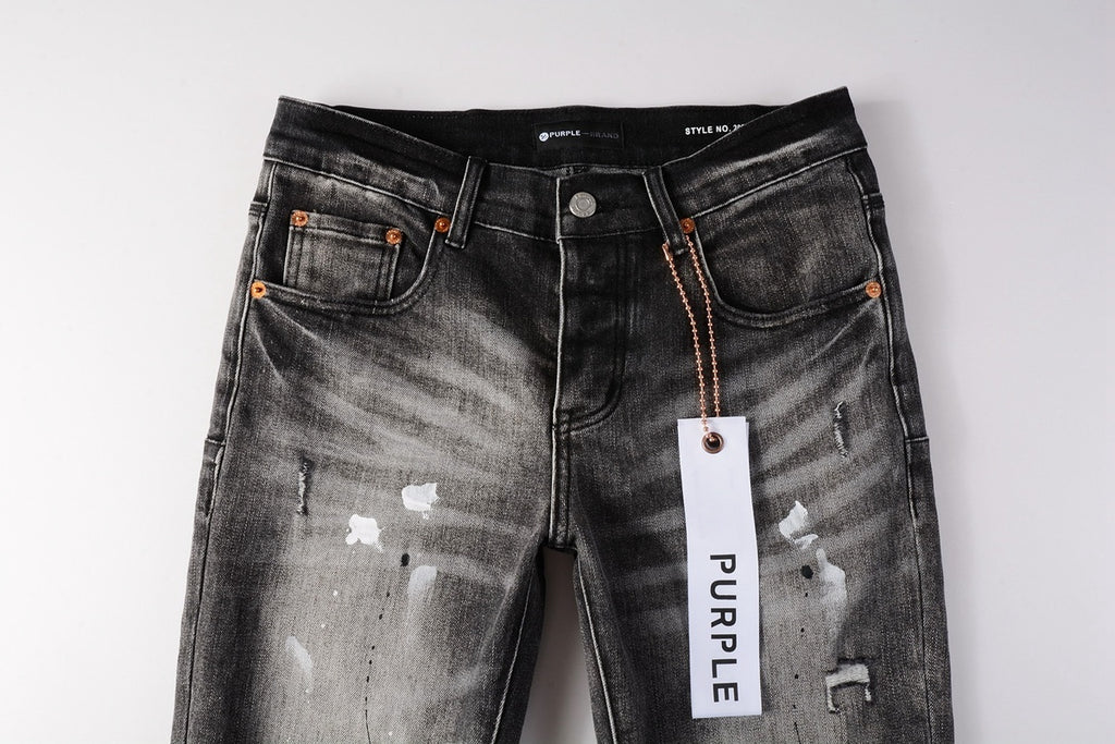 Men's High Street Distressed Gray Damaged Holes Spray Painted Stretch Slim Fit Ripped Jeans