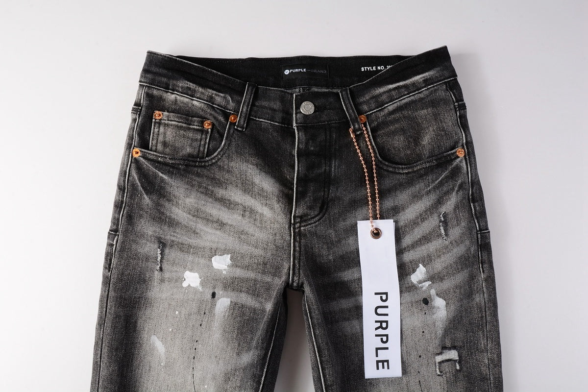 Men's High Street Distressed Gray Damaged Holes Spray Painted Stretch Slim Fit Ripped Jeans