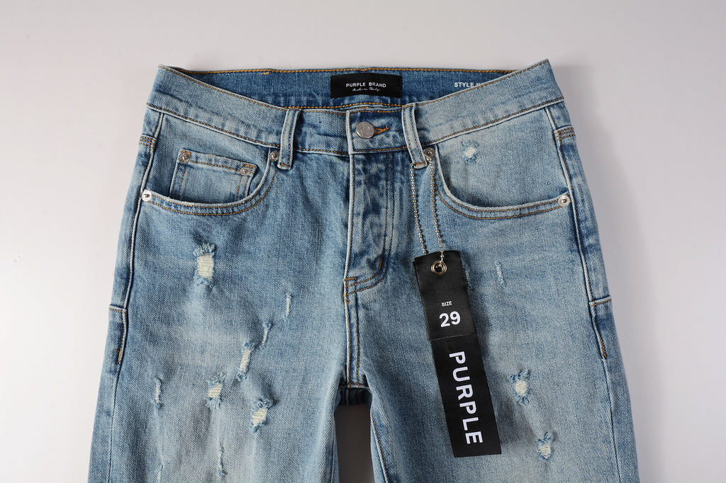Men's Distressed Slim Fit Light Blue Skinny Jeans with Button Fly & Ripped Detailing
