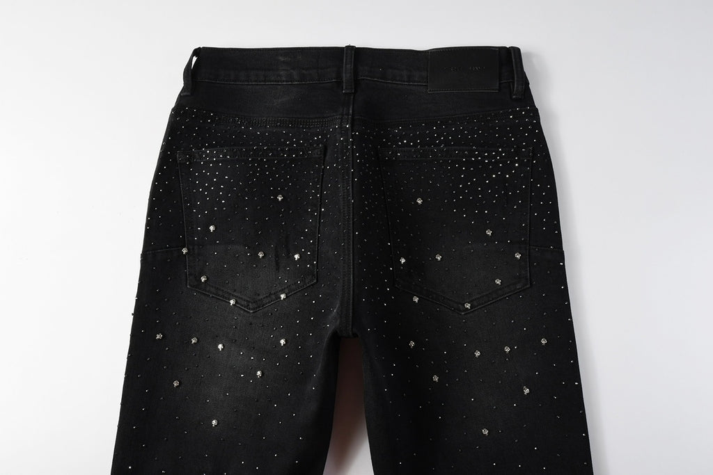 Men's Distressed Black Skinny Jeans with Ripped Holes, Rhinestones & Button Fly