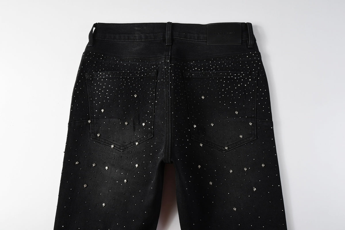 Men's Distressed Black Skinny Jeans with Ripped Holes, Rhinestones & Button Fly