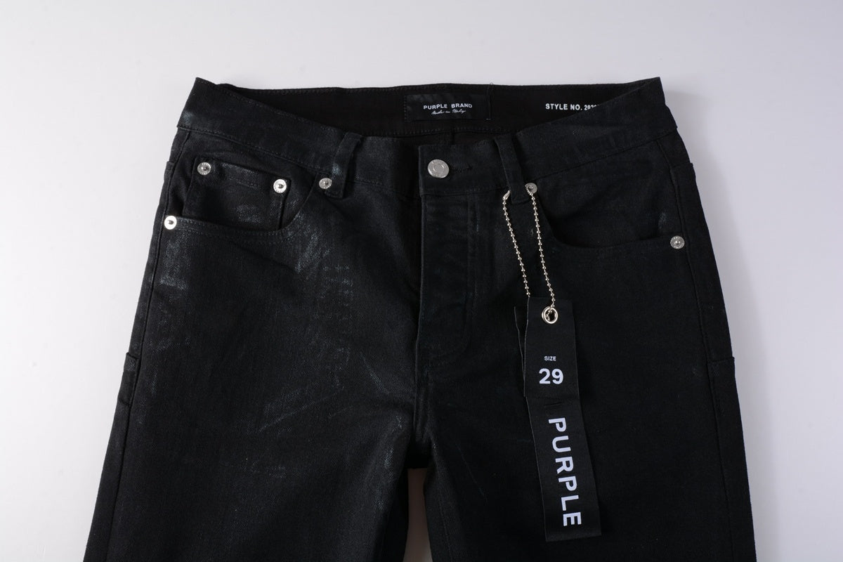 Men's Slim Fit Distressed Dark Black Coated Jeans with Ripped Holes & Button Fly