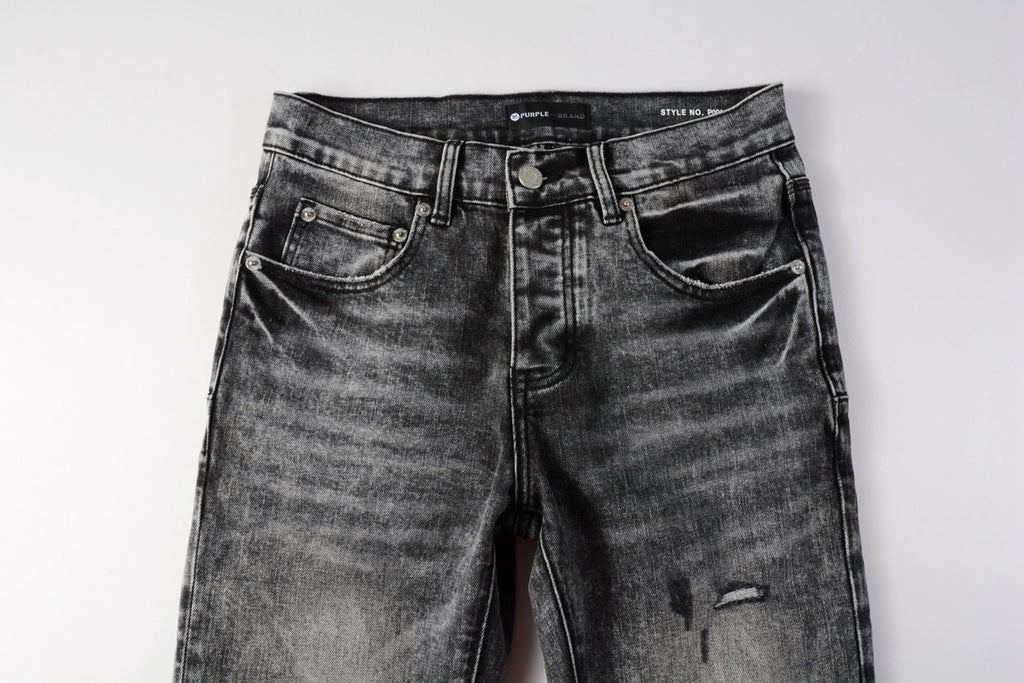 Men's Distressed Ash Gray Skinny Jeans with Ripped Holes & Button Fly