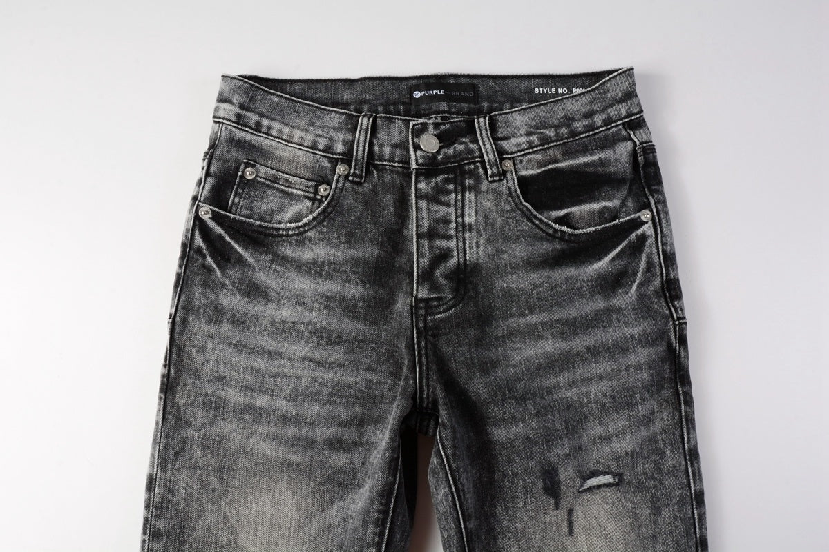 Men's Distressed Ash Gray Skinny Jeans with Ripped Holes & Button Fly