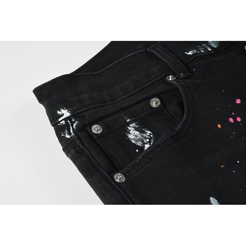 Men's Black Paint Splatter Distressed Skinny Jeans | Streetwear Ripped Slim Fit Denim Pants