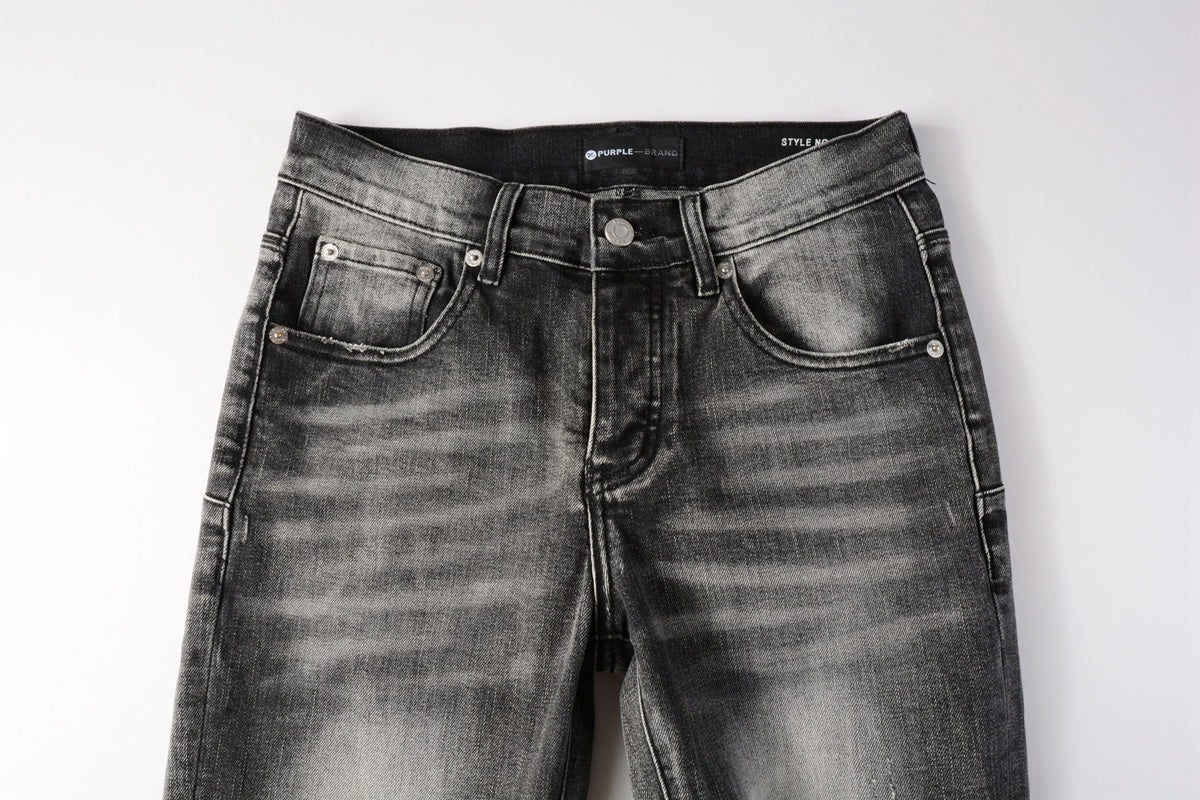 Men's Distressed Ash Gray Skinny Jeans with Ripped Holes & Button Fly