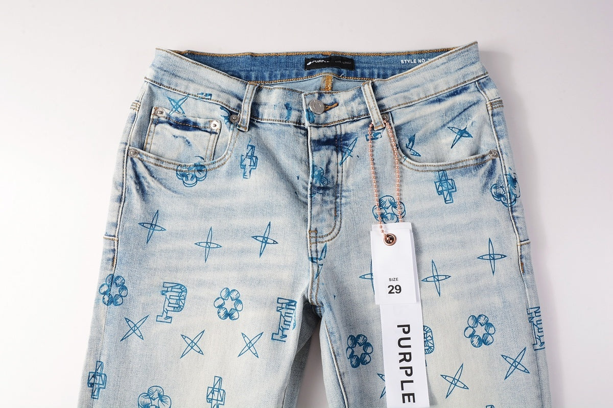 High Street Distressed Blue Laser Patterns Stretch Skinny Ripped Jeans